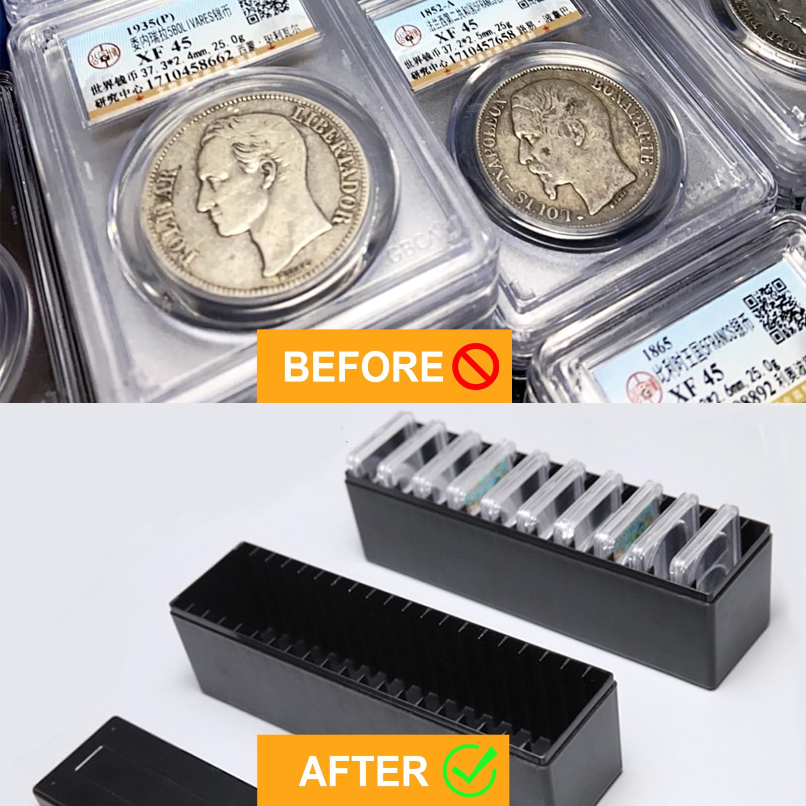 MUDOR Paquete de 2 cajas de almacenamiento para losas de monedas, soporte de plástico para losas de monedas para coleccionistas de monedas, funda negra compatible con 20 soportes de monedas PCCB PCGS,