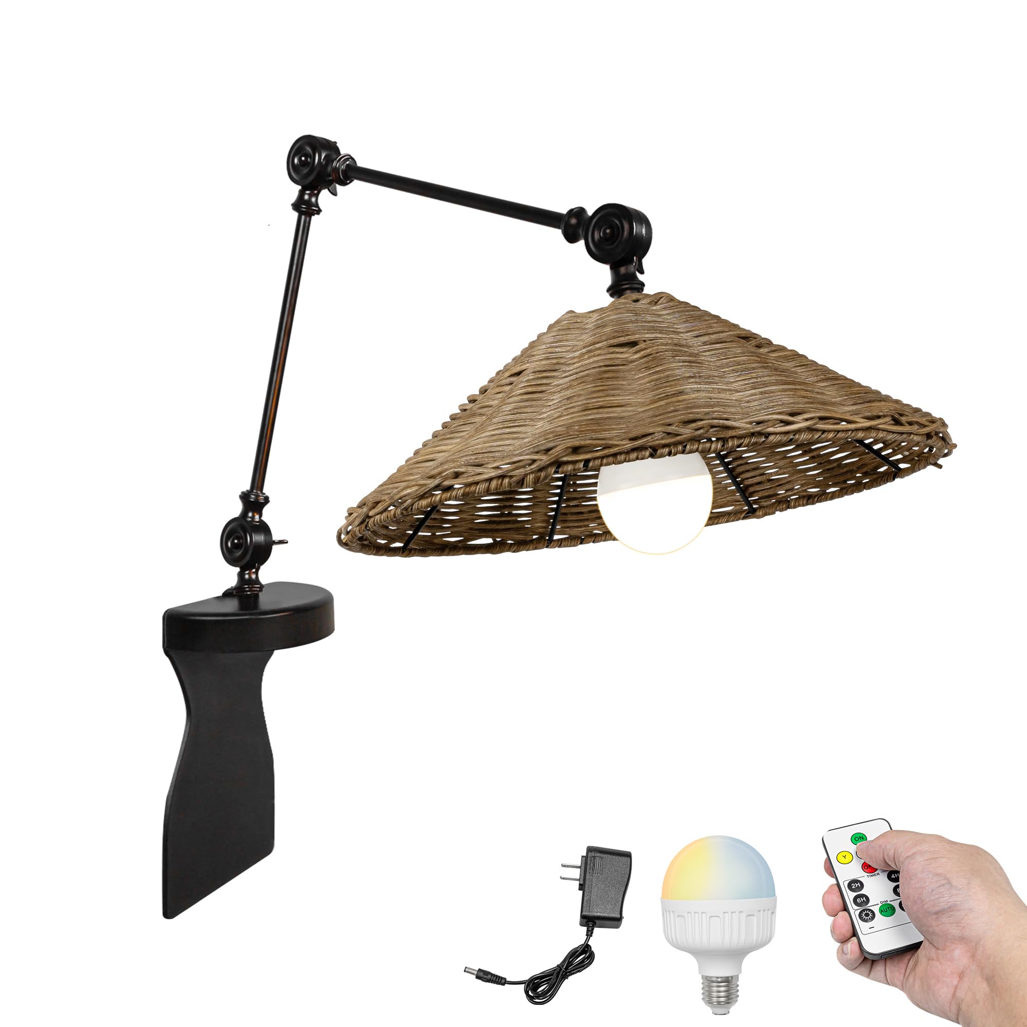 Kiven Battery Operated Headboard Reading Light, Dimmable No Drilling Reading Lamp, Farmhouse Rattan Nightstand Lamp with Adjustable Swing Arm,Remote for Reading Bedside Side Table Desk DZ0513