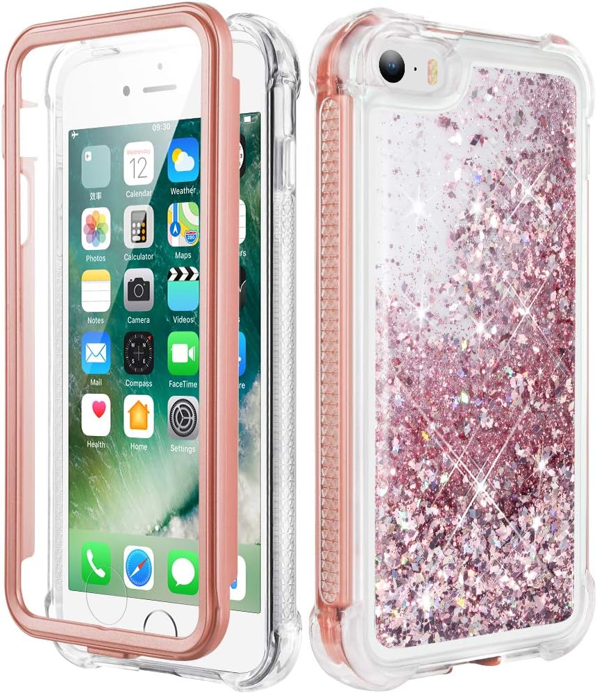 Caka iPhone SE Case (2016), iPhone 5 Case, iPhone 5S Glitter Full Body Case with Screen Protector Bling Sparkle Floating Liquid Girls Girly Women Cute Protective Case for iPhone 5 5S SE (Rose Gold)