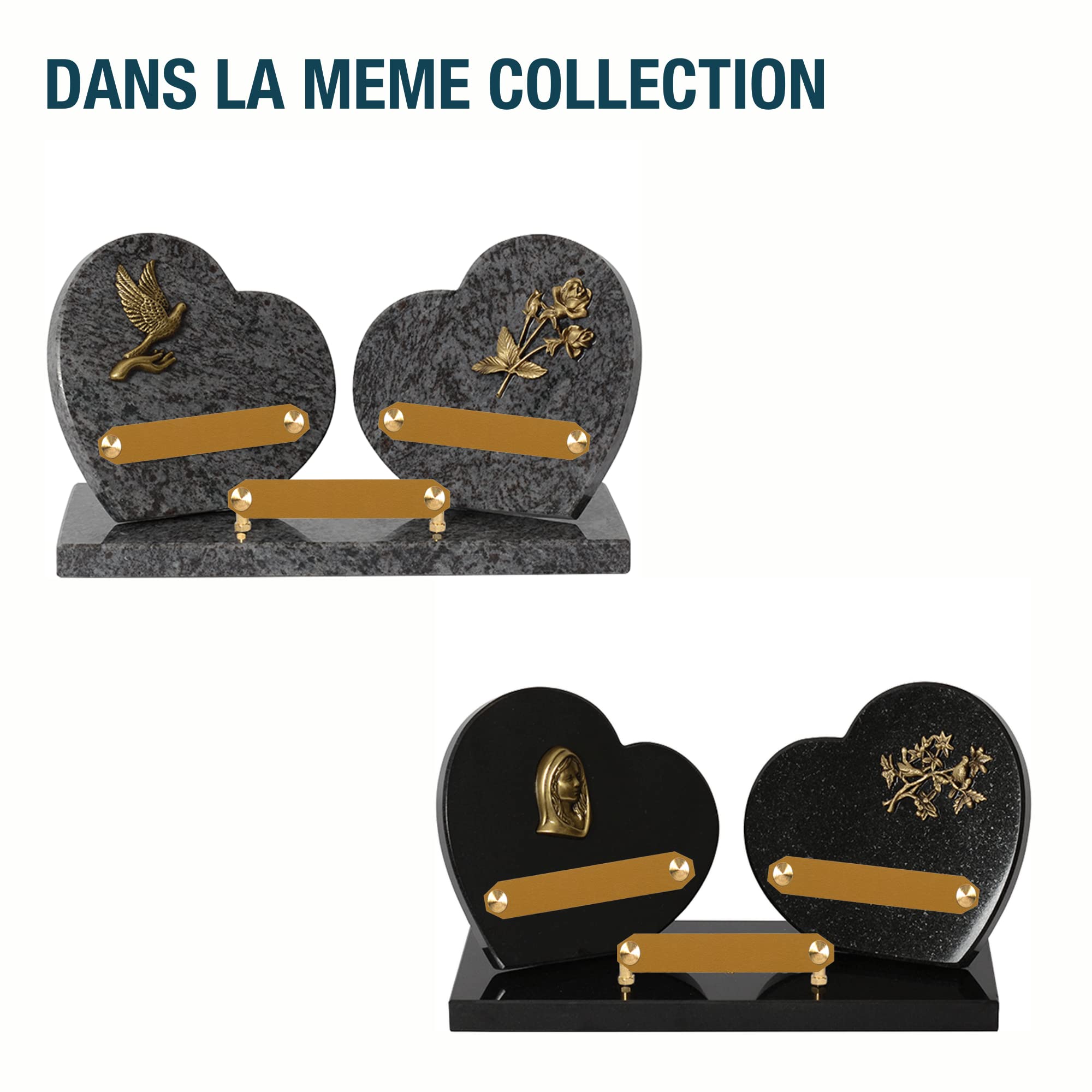 Plaque funéraire personnalisée coeur - Granit - assemblée en France - bronze vierge marie oiseaux - H 20 X L 35 cm - 3 textes