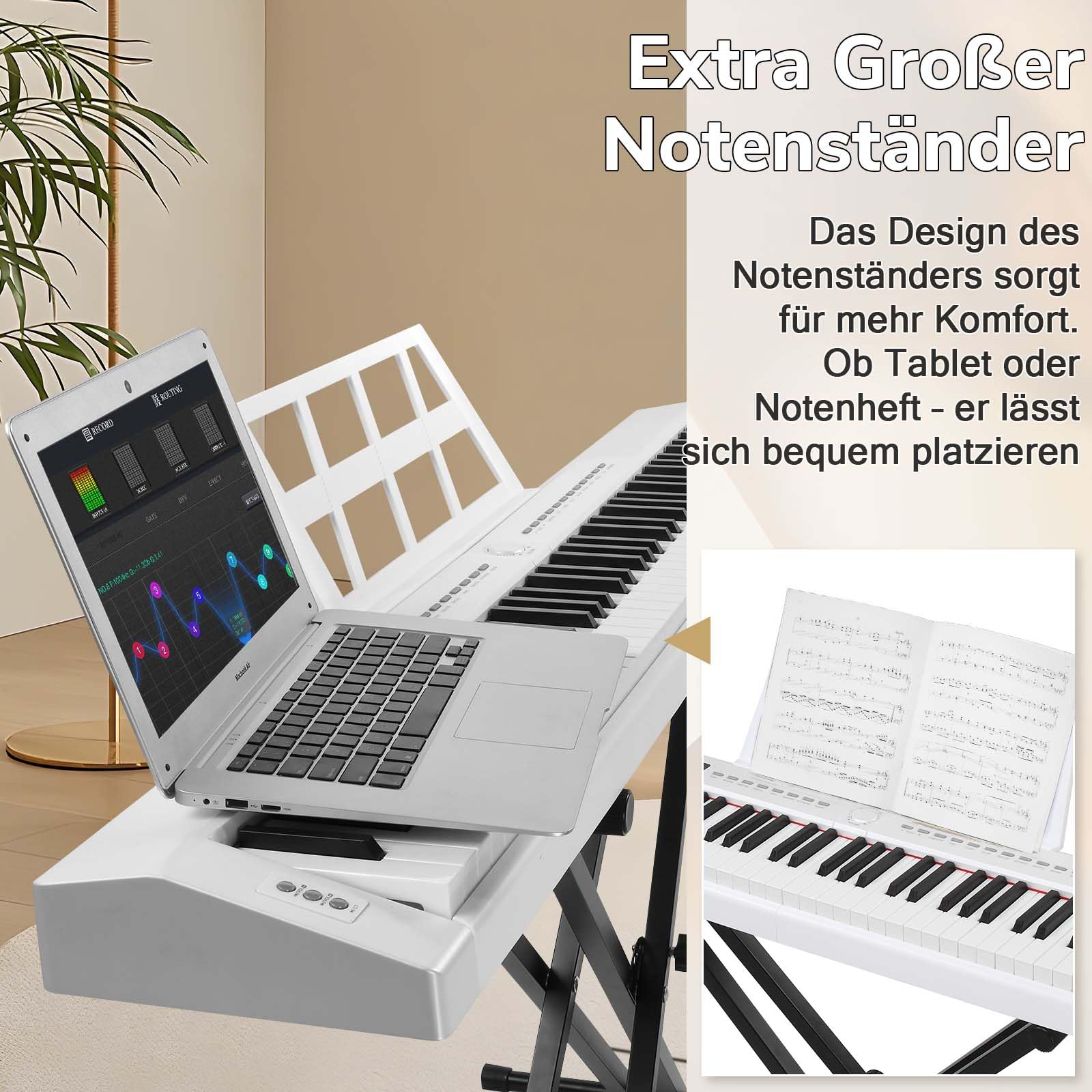 Bonnlo GPP-105 E Piano 88 Tasten, Digitalpiano Semi-Gewichtete Tastatur mit Dual-Bluetooth, Kopfhörer, Sustain-Pedal-System, Ständer, für Musikliebhaber und Anfänger, Weiß
