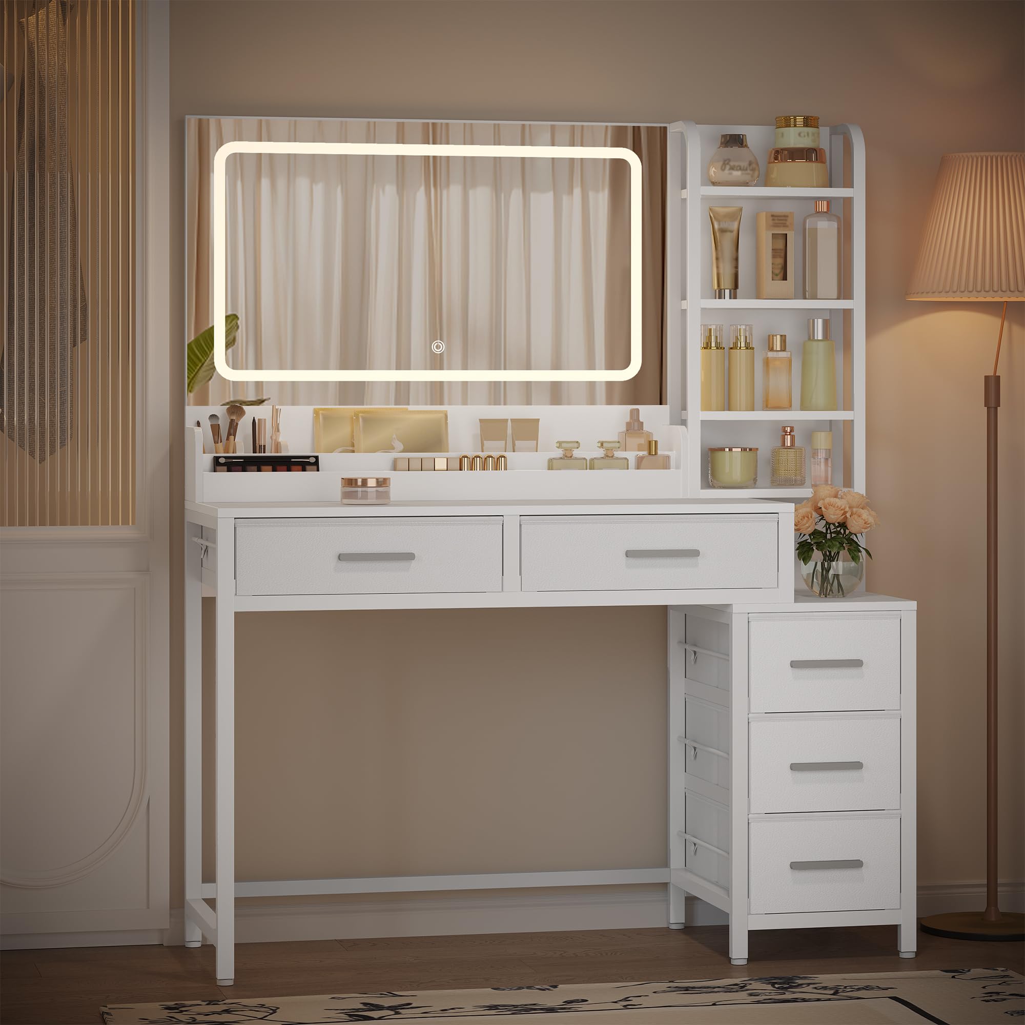 HEXCELEN 110 cm Coiffeuse avec Miroir, Blanc | Table de Maquillage avec Éclairage LED, Luminosité Réglable, 3 Couleurs, 5 Tiroirs et 5 Compartiments Ouverts