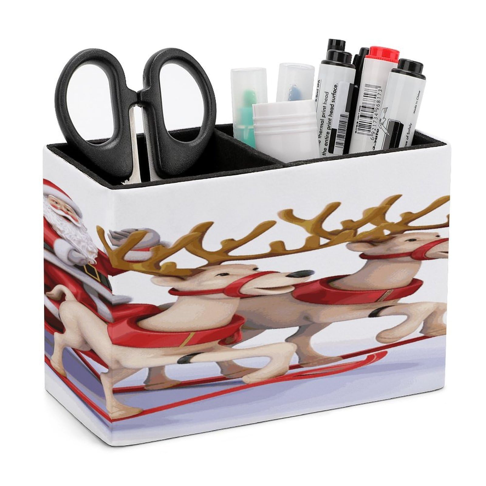 LDGSUPH Santa Claus Reindeer Sled Leather Pen Holder for Desk Organizer Caddy Large Pencil Cup Multi-function Pencil Holder Makeup Brush Holders Pen Organizer for Home Office Storage Box