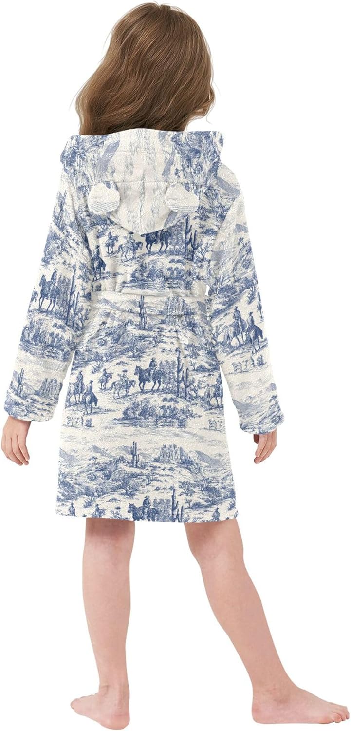 Vintage Cowboys Horses Cactus Blue Bathrobe Hooded PJ Robe Soft Fleece Robe Sleepwear 2-12 Years