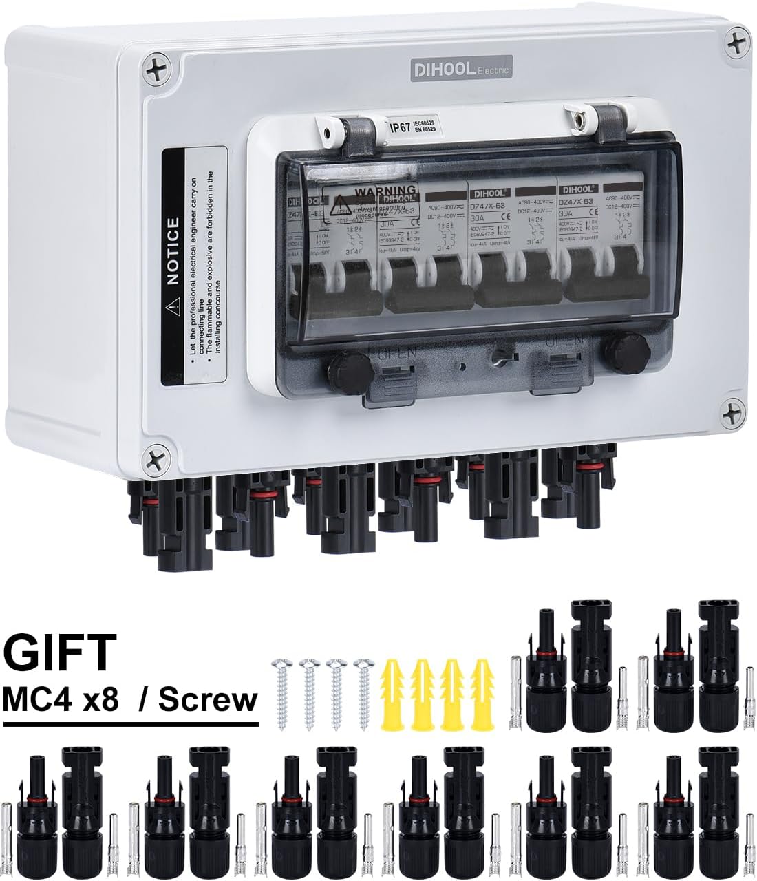 DIHOOL AGP-4S-30A DC PV Circuit Breaker in an outdoor setting, highlighting its IP67 waterproof rating and operating temperature range.