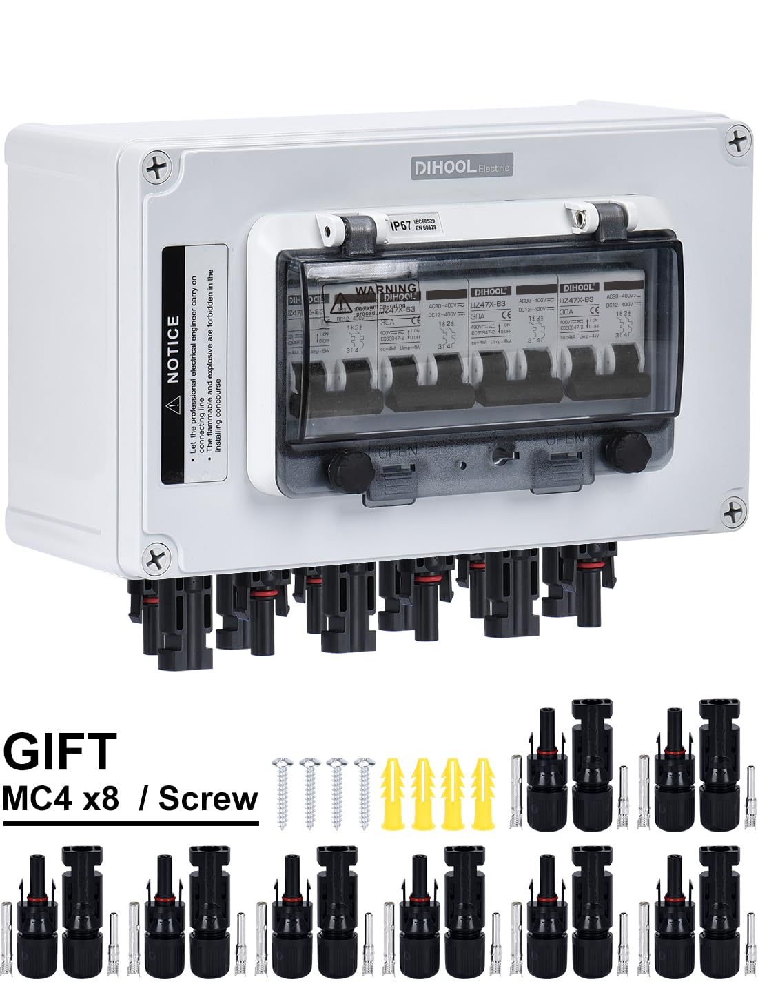 DC Trennschalter PV Anlage DC12V-DC400V 4 String 2 polig 30A IP67 Wasserdichtes Solar Leitungsschutzschalter Sicherungsautomat (4 in 4 out)