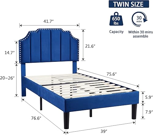 Miniatura 61 de VECELO Base de cama tamaño Queen tapizada con cabecera ajustable copetuda/base de colchón con soporte de listones de madera, fácil montaje, azul
