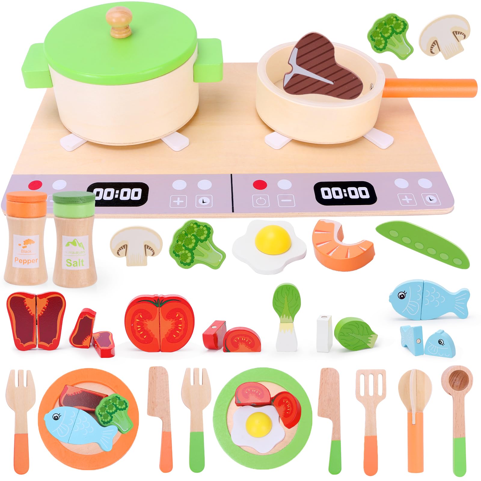Mardo Accesorios Cocina Juguetes para Niños , Utensilios de Cocina al Aire Libre, Juego de Ollas y sartenes de Madera, Vegetales para Cortar, Juego de rol para Niños Mayores de 3 Años