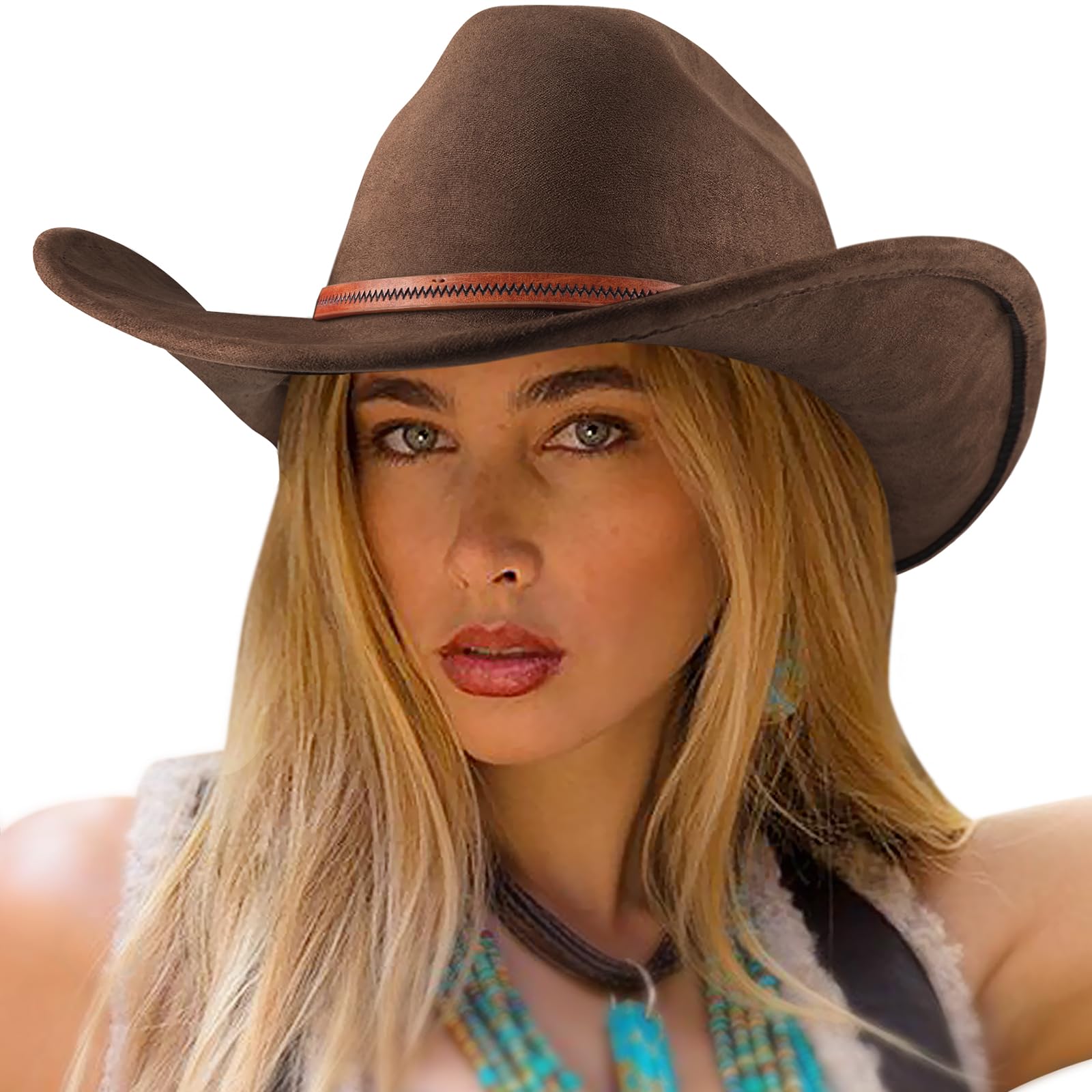 Dreshow Women's 1 Pc Fedora Hat: 73-W-Coffee Cowboy Hat For And Men Cattleman Western Cowboy Cowgirl Hats Outdoor Wide Brim With Belt Buckle Unisex Rolled Up Caps
