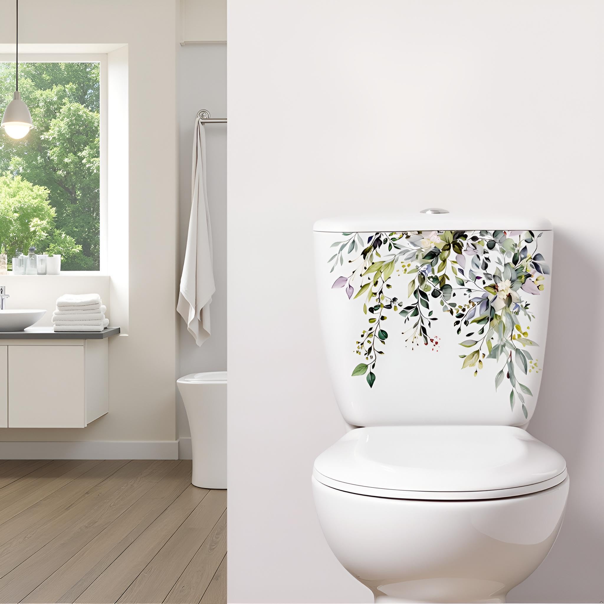 4 Stickers Déco Pour Abattant WC - Motif Plantes Aquarelle - PVC Amovible - Décor Salle De Bain