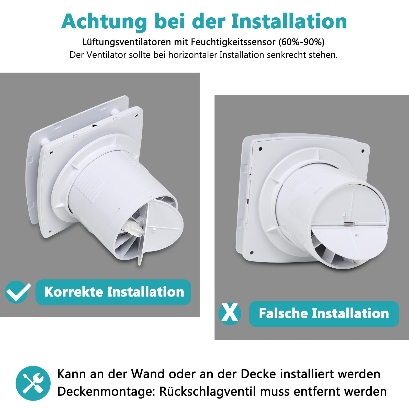 Randaco Confezione da 2 ventilatori da bagno 100 mm con sensore di umidità - Ventilatore estrattore d'aria regolabile con timer - Ventilatore murale silenzioso per bagno, servizi igienici