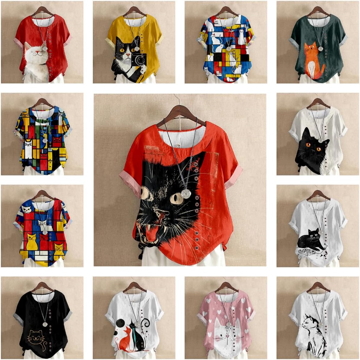 Cotton Linen Tops for Women Cute Cat Print Short Sleeve Crew Neck Summer Casual Boho Dressy Linen Blouses - Image 5
