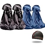 4PCS Silky Durags for Men Women 360 Waves with 1 Wave Cap, Silky Satin Durag Extra Long Tails