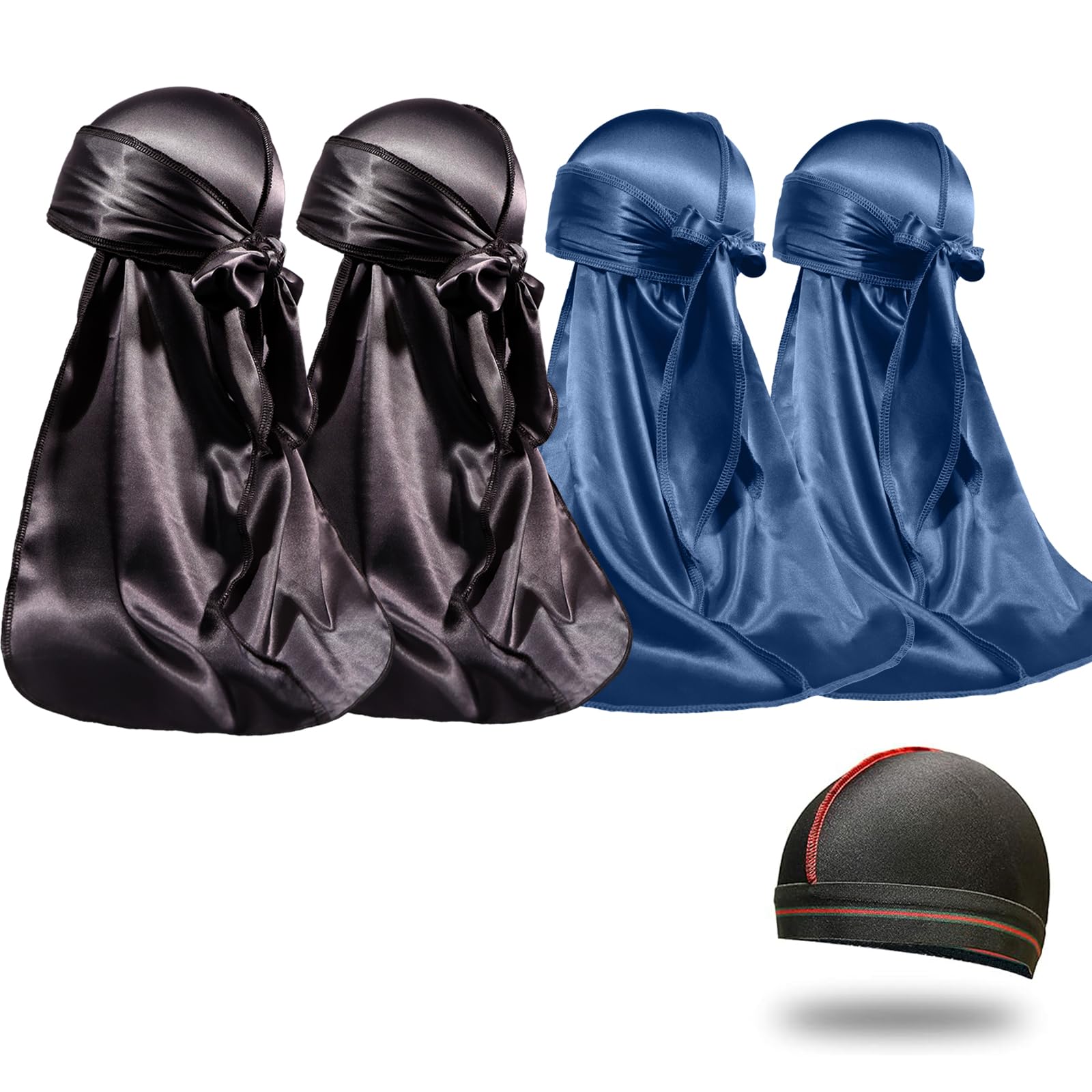 ForceWave 4PCS Silky Durags for Men Women 360 Waves with 1 Wave Cap | Silky Satin Moisture-Tech Fabric, Extra Long Tails, Unisex Fit, for Workouts, Cycling and Wave Training