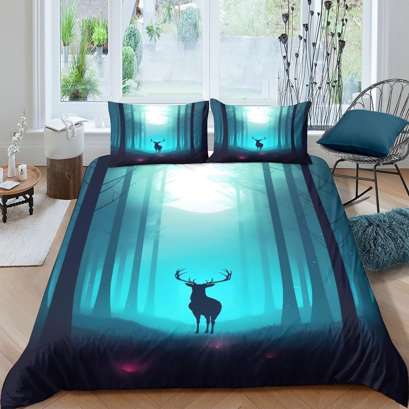 Ctjqhvkz Style-7 3D Printed Misty Forest Fitted Sheet Microfiber Soft Breathable Deer Silhouette Mattress Cover For Bedroom Dorm Mattress Decor Single（135X200cm）