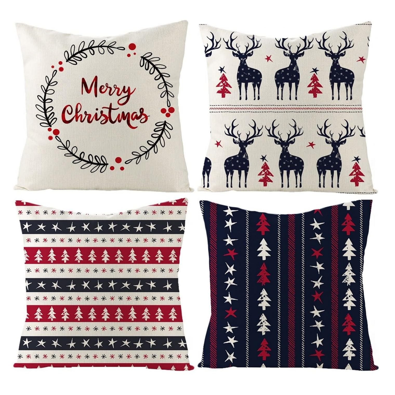 Housse de coussin imperméable 50x50 en lin CEVAN lot de 4 taies d'oreiller de Noël pour canapé