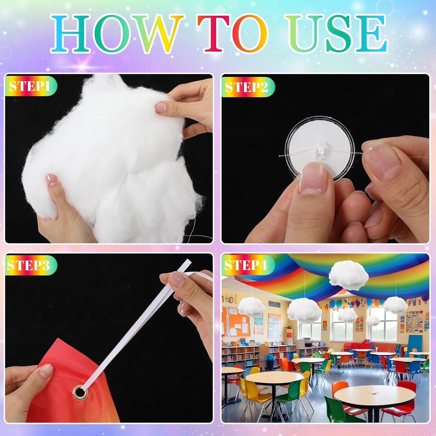 9 Pcs Rainbow Party Ceiling Decorations Kit Include 12 x 2 ft Rainbow Fluorescent Light Covers 6 Packs 3D Cloud Props Hanging Decor for Classroom Birthday Nursery Daycare Decor