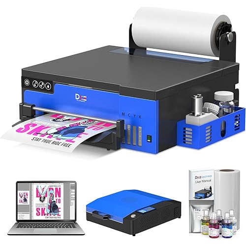 DXZ 2025 Upgrade A4 DTF Printer with Roll Feeder-XP600 Doubled Printing Speed Compared to L1800 and L805,Built-in White Stirring System for DIY T-Shirt,2-Year Ink Included (Printer+Oven+Laptop)