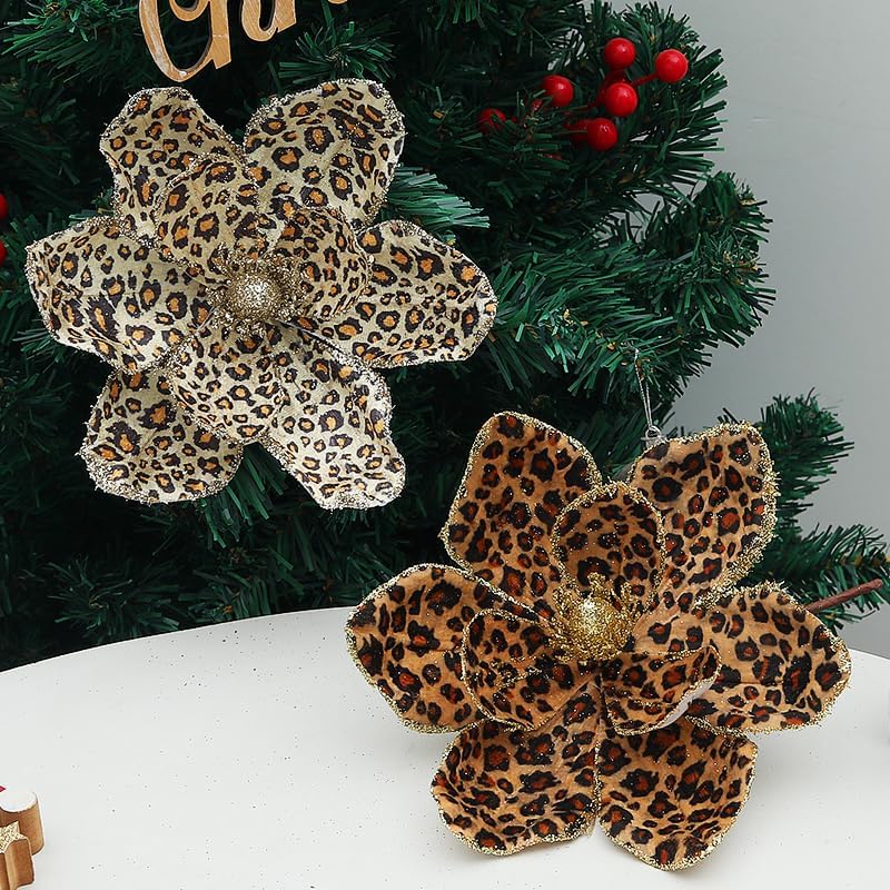 8 Pcs Christmas Magnolia Flowers Leopard Print Christmas Flowers Glitter Artificial Leopard Magnolia Flower Fake Poinsettias Magnolia with Stem for Wreath DIY Xmas Tree Holiday Party Supplies (White)