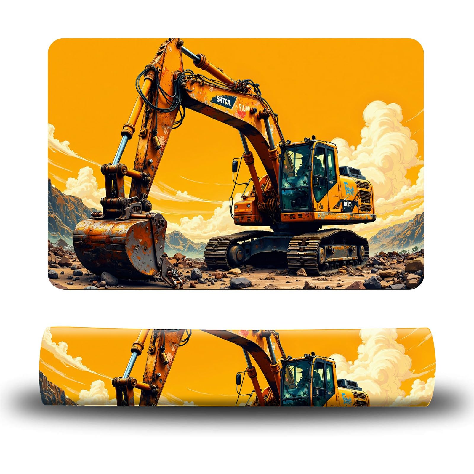 Dikoer Dog Food Mat, 19.6" x 23.6" Absorbent Pet Feeding Mat for Food and Water, Waterproof Diatom Mud Pet Placemat with Non-Slip Rubber Backing, Easy Clean Cat Bowl Mat for Floors - Excavator Sunset