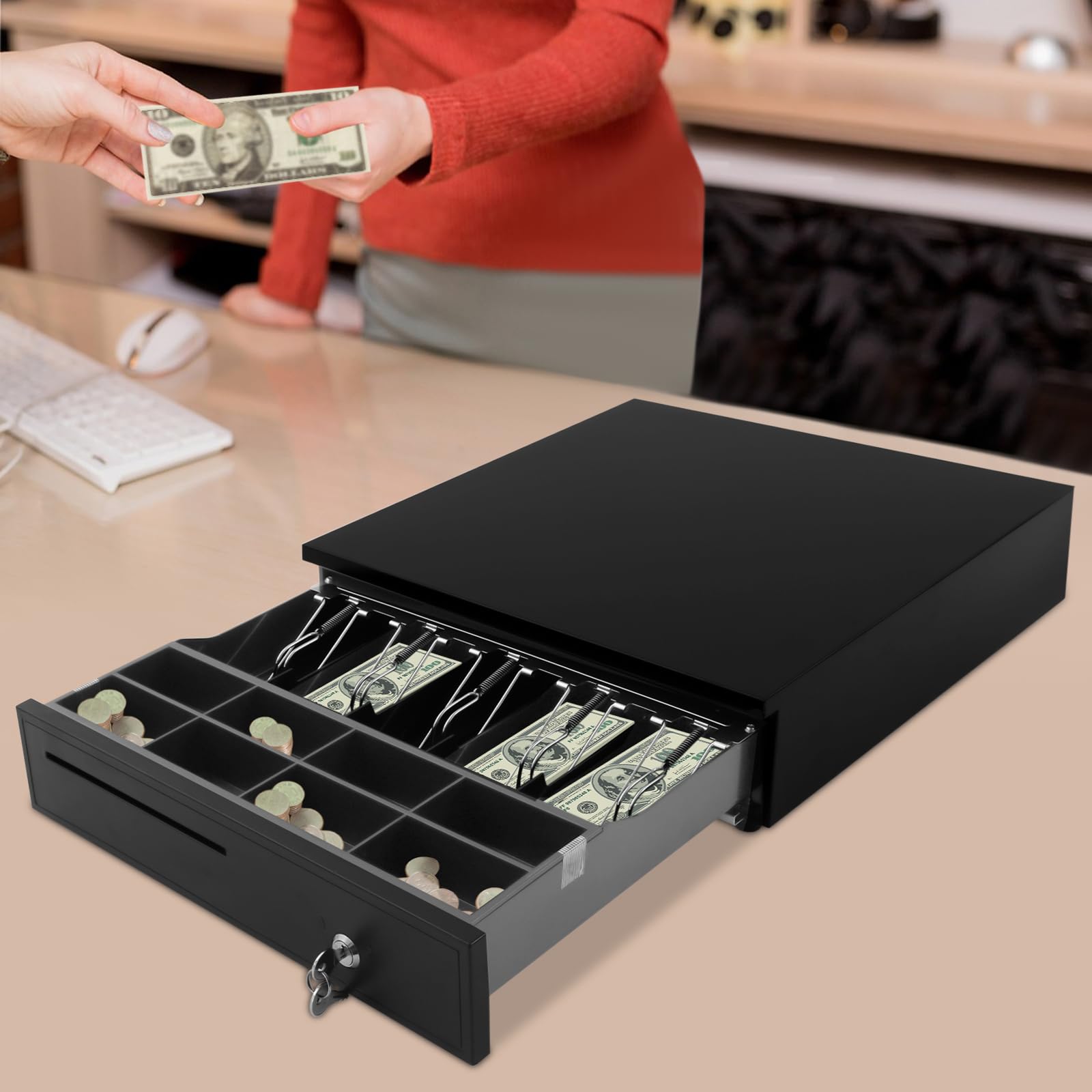 Cajón para dinero registrador, 8 compartimentos para monedas, 5 compartimentos para billetes, registrador para sistemas de posición de venta, 42,5 x 40,5 x 10 cm