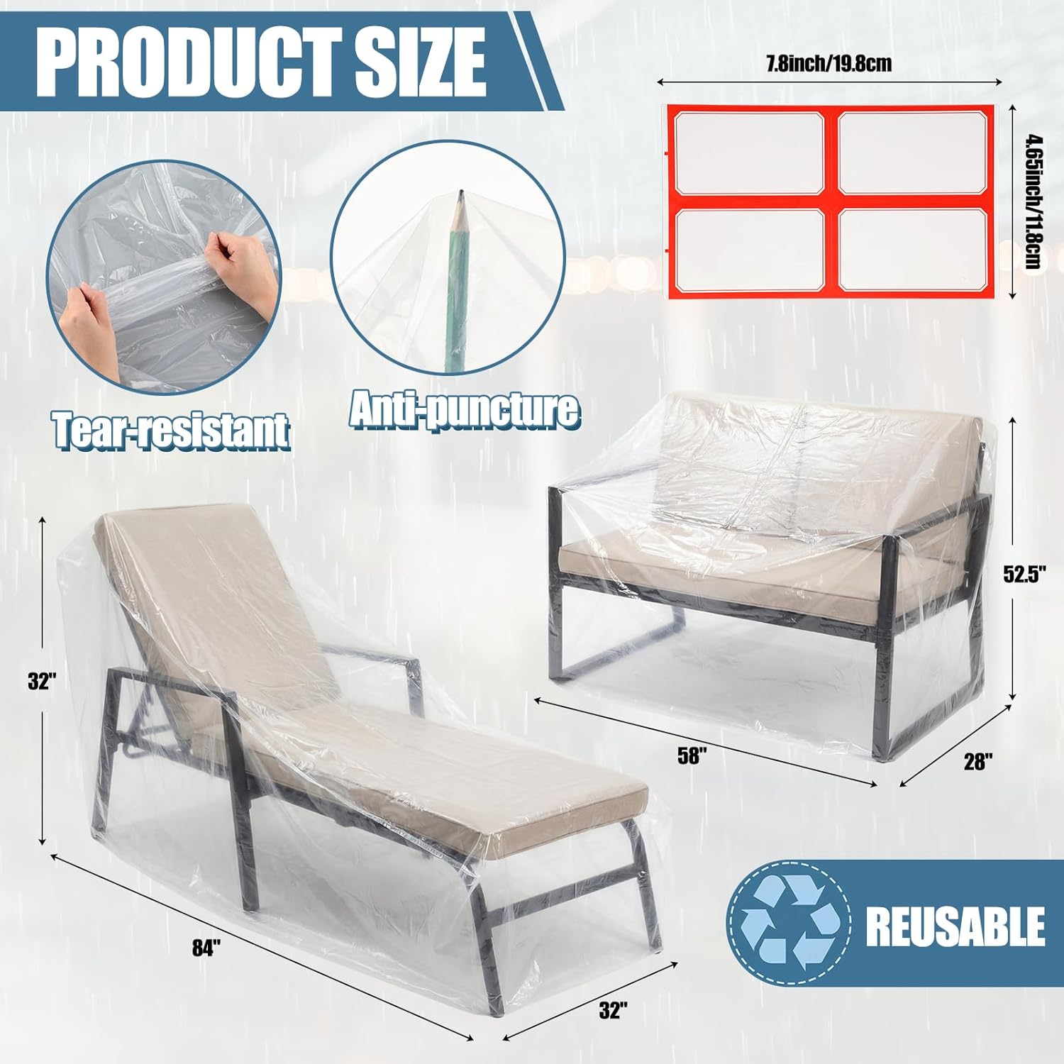 Windyun 4 Pack Patio Chaise Lounge Cover for Furniture, Outdoor Waterproof Loveseat Bench Cover, Clear Plastic Couch Chair Slipcovers Dustproof for Sofa Moving Storage Protector