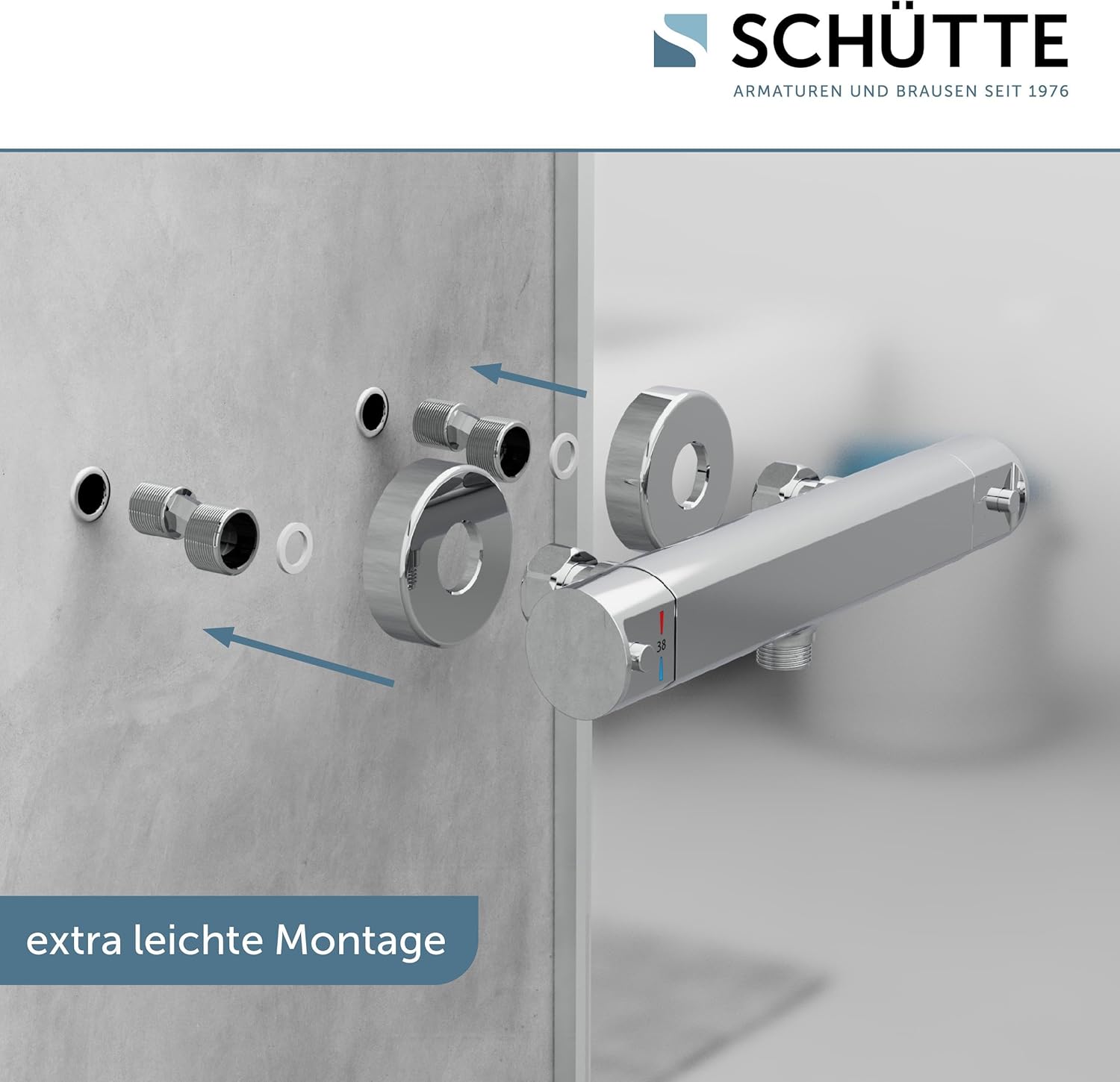 Diagram illustrating the installation process of the SCHÜTTE Vita Thermostatic Shower Mixer