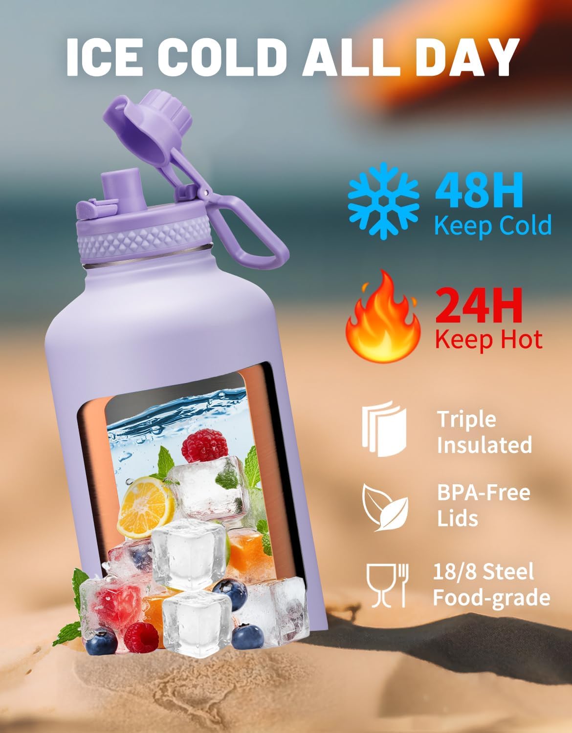 Half Gallon Water Bottle Insulated - 64 oz Water Bottle with Carrying Sleeve, Paracord Handle, Straw Spout Lid, Leak-proof Metal Hydro Water Jug for Workout Sport Hiking Gym, Purple Big Flask Thermo - Image 3