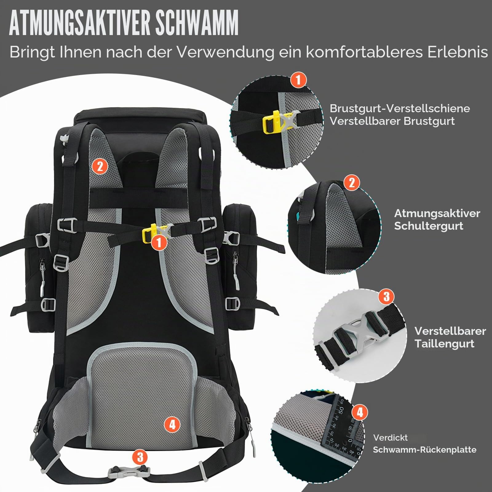 Bseash 70L (65+5) Wasserdichter Wanderrucksack mit Regenschutz, Outdoor-Sport, Reisen, Tagesrucksack für Klettern, Touren (Schwarz)
