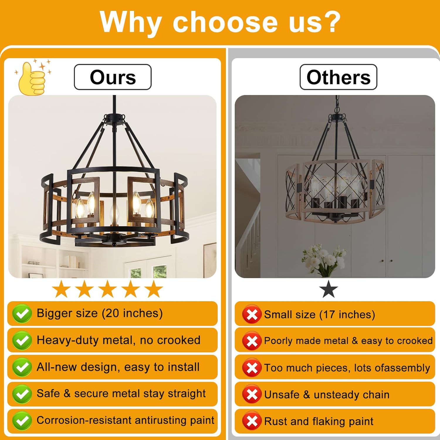 20" Dining Room Light Fixture/Chandelier Over Table, 5-Light Black & Wood Grain Farmhouse Chandeliers for Dining Room, Industrial Metal Hanging Pendant Lights Fixture for Kitchen Island Foyer Entryway