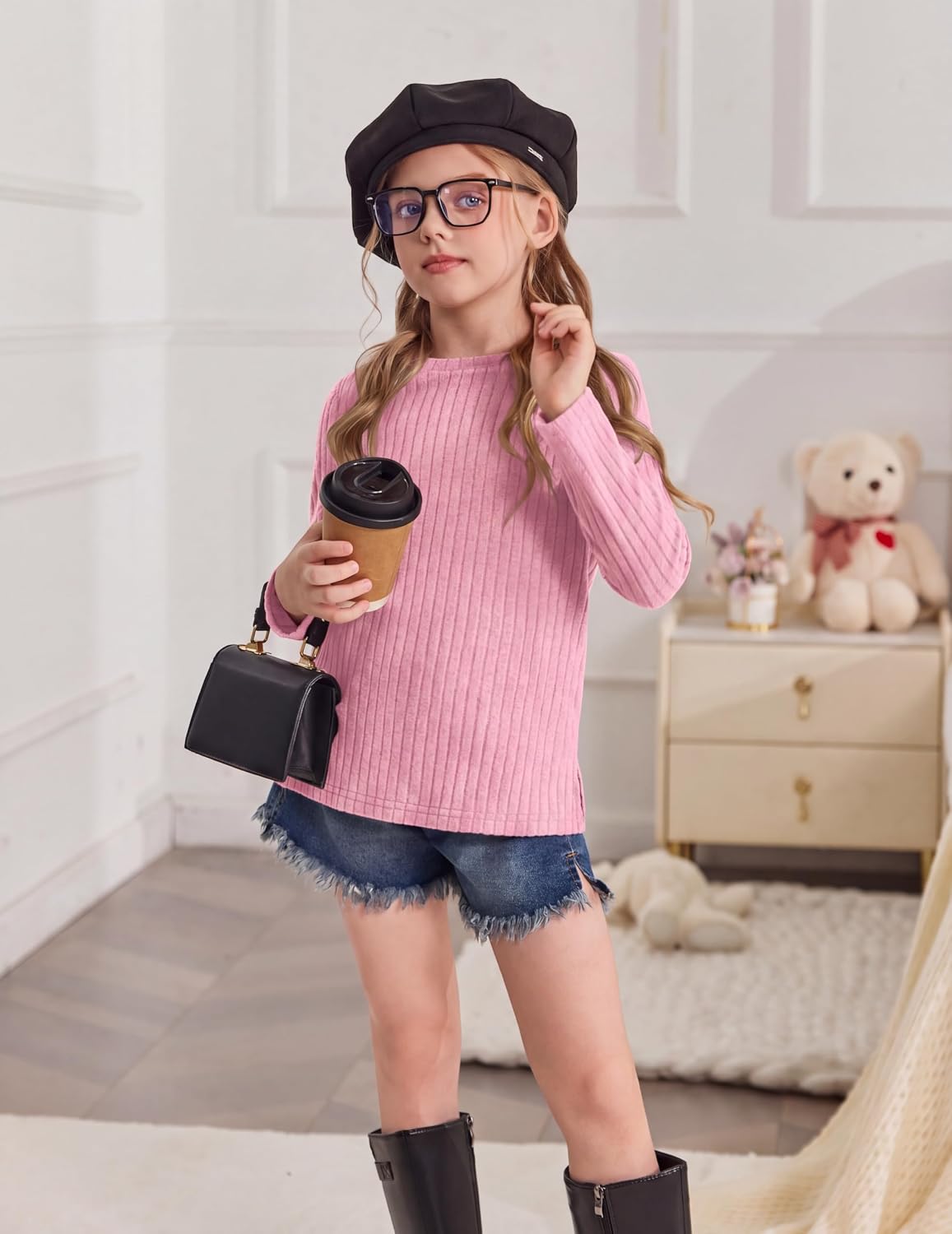 Arshiner Girls Long Sleeve Shirts Ribbed Knit Tunic Tops with Side Pockets image 2
