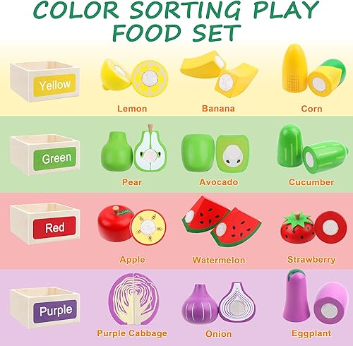 Miniatura 2 de MerryPony Juego de comida de madera para niños, accesorios de cocina, 34 piezas de juguetes de corte de frutas y verduras con 4 cajas de
