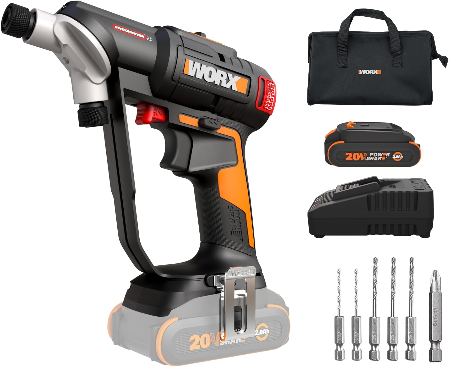 Nitro 20V SwitchDriver 2.0 Brushless Cordless Drill Driver - 2-in-1 Set With Rotatable Dual 1/4" Chucks, Compact Design, Digital Torque Setting WX177L (Battery & Charger Included)