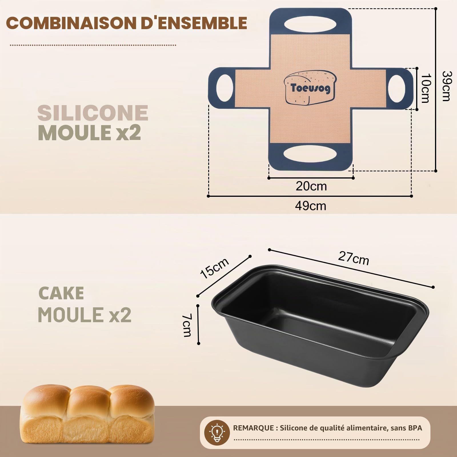 Moule a Cake Lot de 2: Moule Gâteau 27x15x7cm avec 2 Tapis de Cuisson - Moules à Pain Antiadhésif Rectangulaire pour Four - Réutilisable Moules Pâtisserie en Acier Carbone