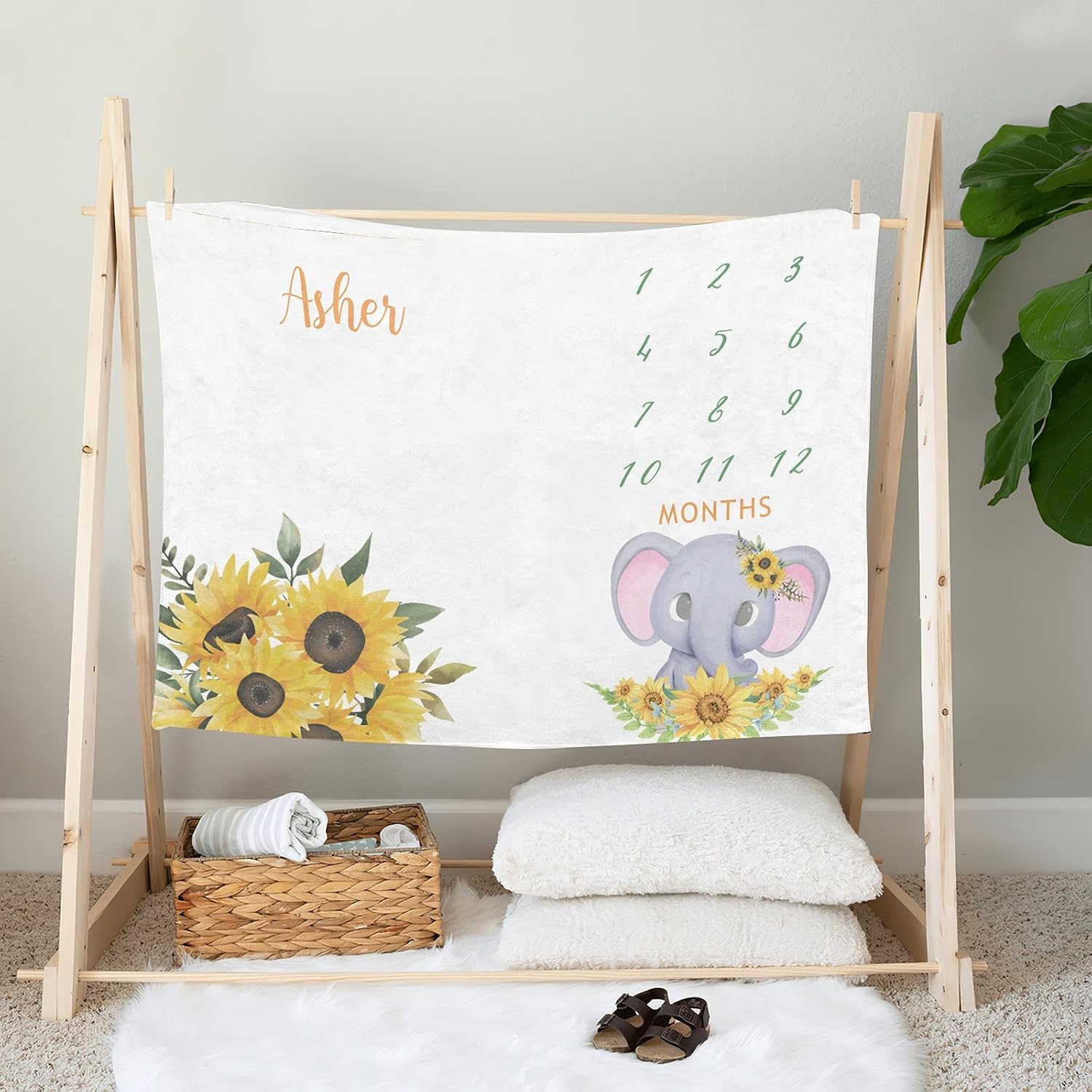 Floral Elephant Sunflower Monthly Milestone Blanket Personalized Receiving Baby Blankets for Girls Boys Kids with Name,Customized Swaddle Blankets Gift for Newborn Crib Infants 30x40 Inches
