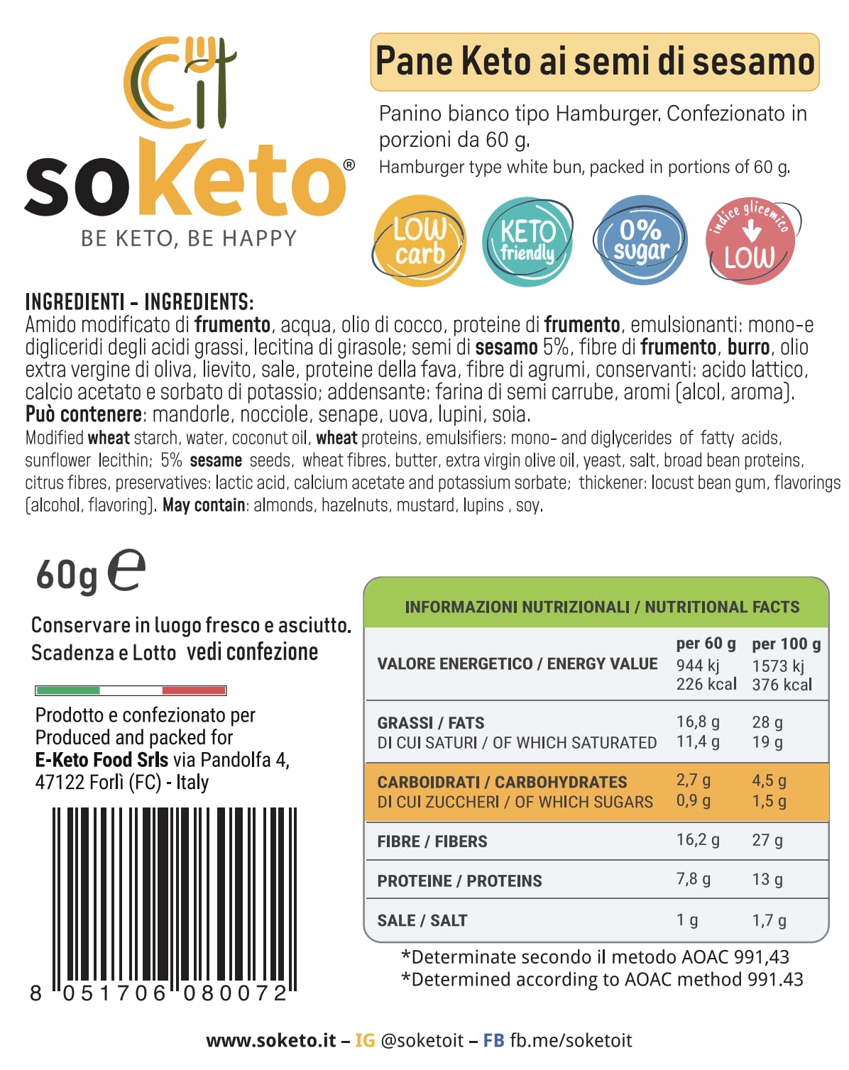 Lot de 10 Pain Keto aux graines de sésame pour Burger Keto SoKeto (10 x 60 g) avec 2,7 g de glucides par portion pour régime céto/protéique/diétique Ig<2
