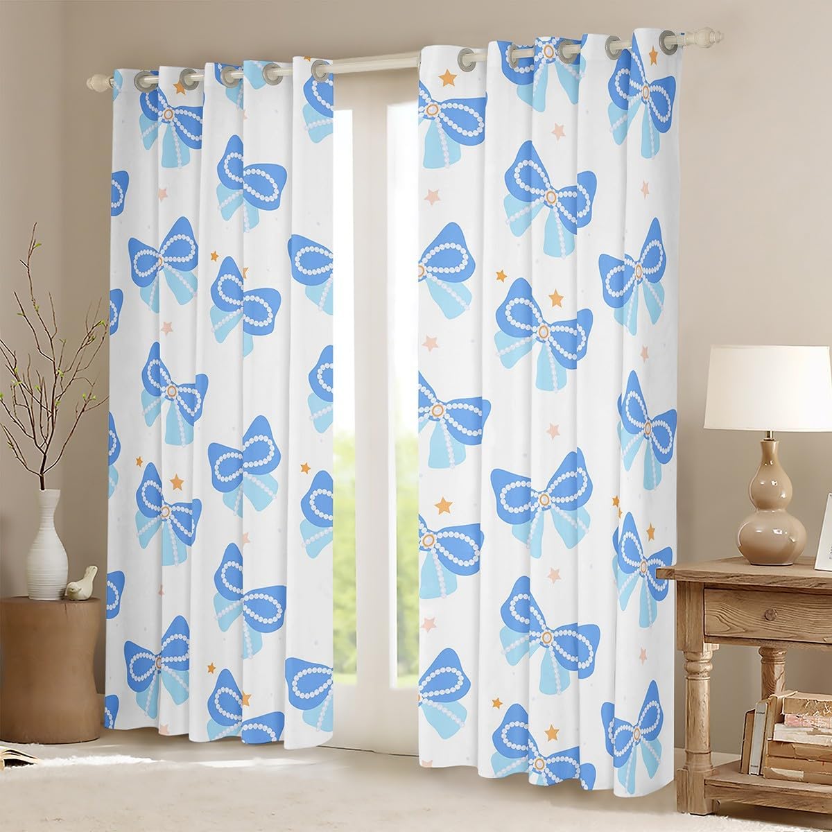 Blue Butterfly Bowknot Window Curtain,Cartoon Star Print Curtains for Kids Girls Boys Room Decor,Dreamy Sweet Princess Style Window Treatment Curtain Soft White Window Drapes,2 Panels,38Wx54L