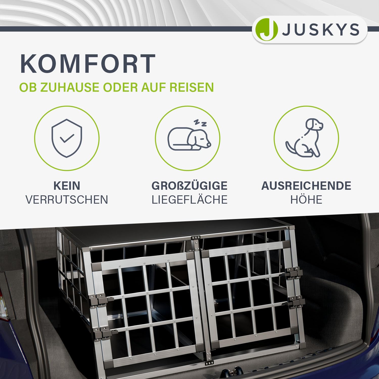 Juskys Alu Hundetransportbox L-X - 89x70x51 cm - Auto Hundebox robust & pflegeleicht - Gittertüren verschließbar - Aluminium Reisebox für Hunde