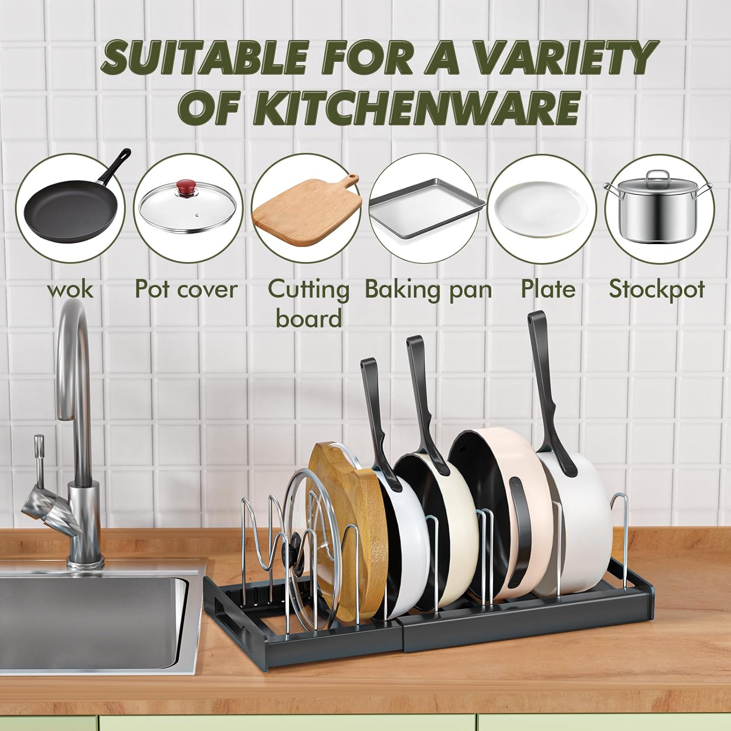 Alskarhem Pot Rack Expandable Pan Organizer for Cabinet,Pot Lid Holder for Kitchen Cabinet Cookware Baking Frying Rack,BLACK