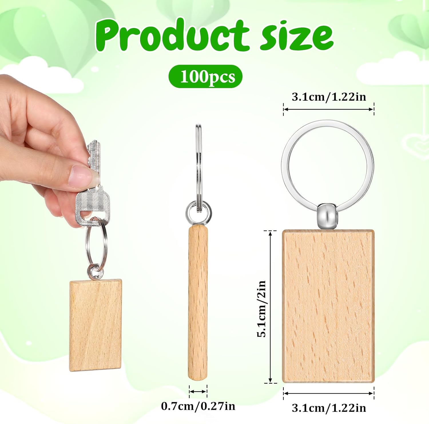 100Pcs Wood Keychain Blank, Unfinished Laser Engraving Blanks with Key Rings Key Tag Rectangular Keychain Ring Tag Wooden Sign Bulk for DIY, Crafts Gift, Pet Tags