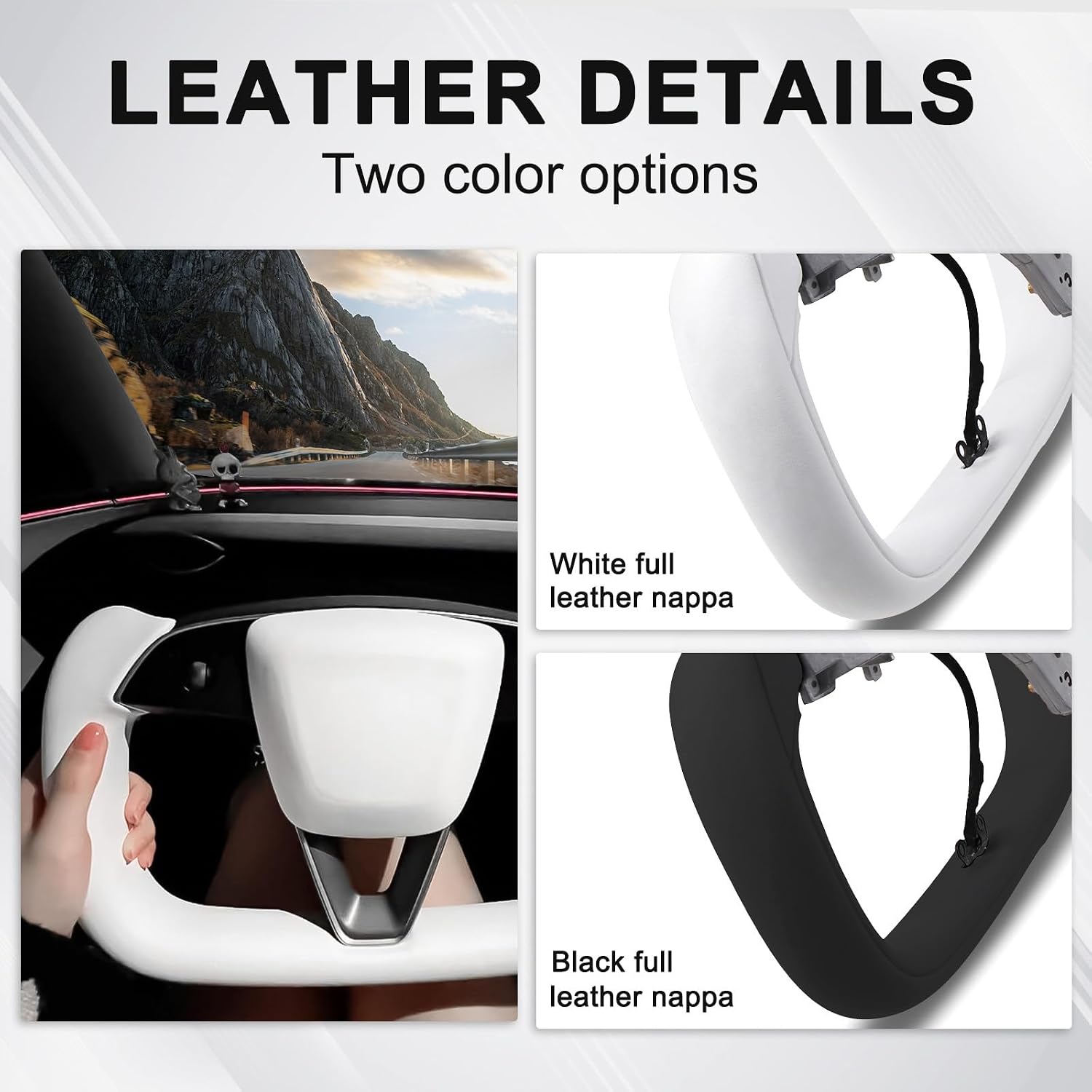 Model Y Juniper Yoke Steering Wheel 2026 2025, Nappa Leather Steering Wheel for Tesla Model Y Juniper 2026 Accessories With Heating Function No Front Trim (White Nappa, Glossy Carbon Fiber)