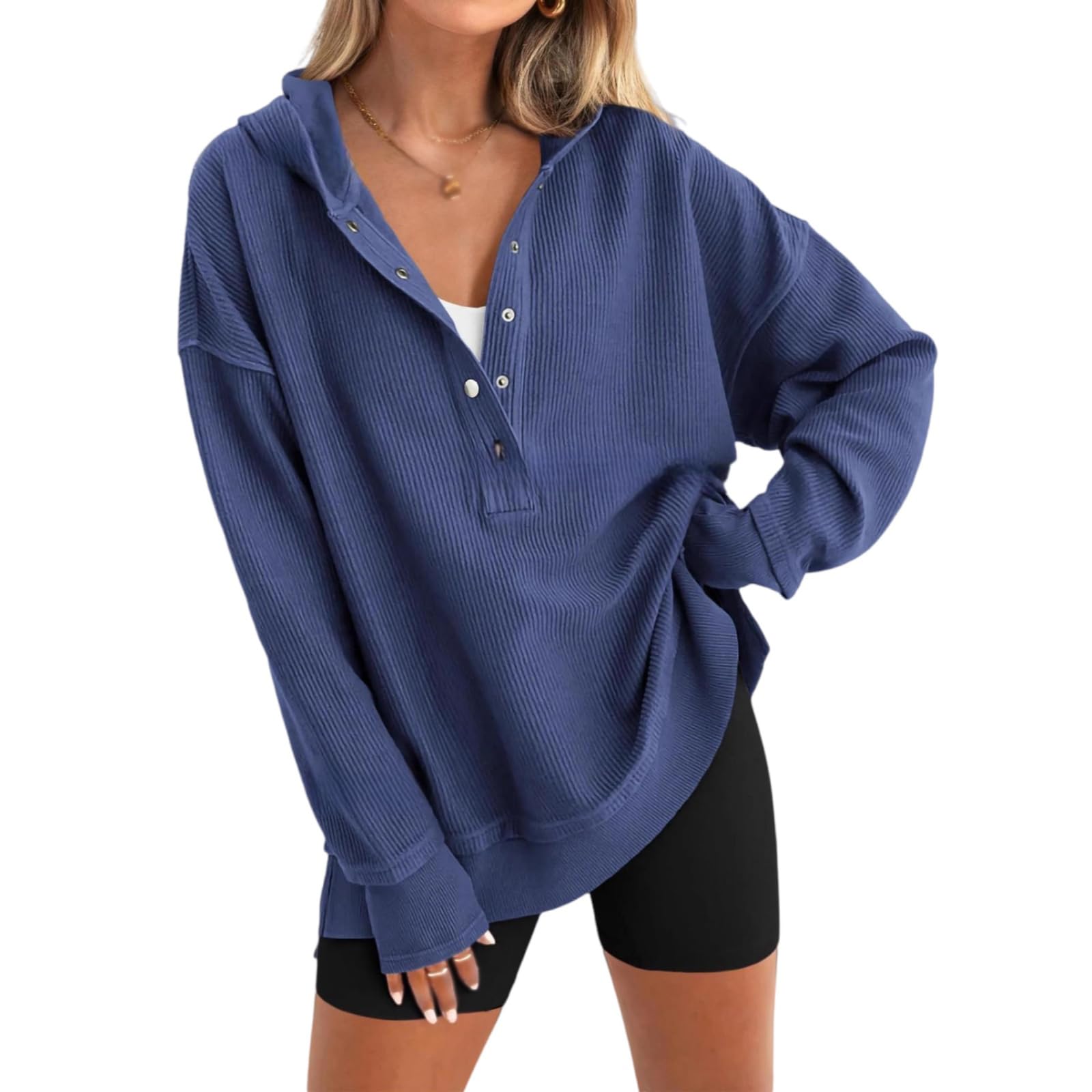 Damska bluza oversize z kapturem, dekolt w serek, rozcięcie, na co dzień, na jesień i zimę, topy