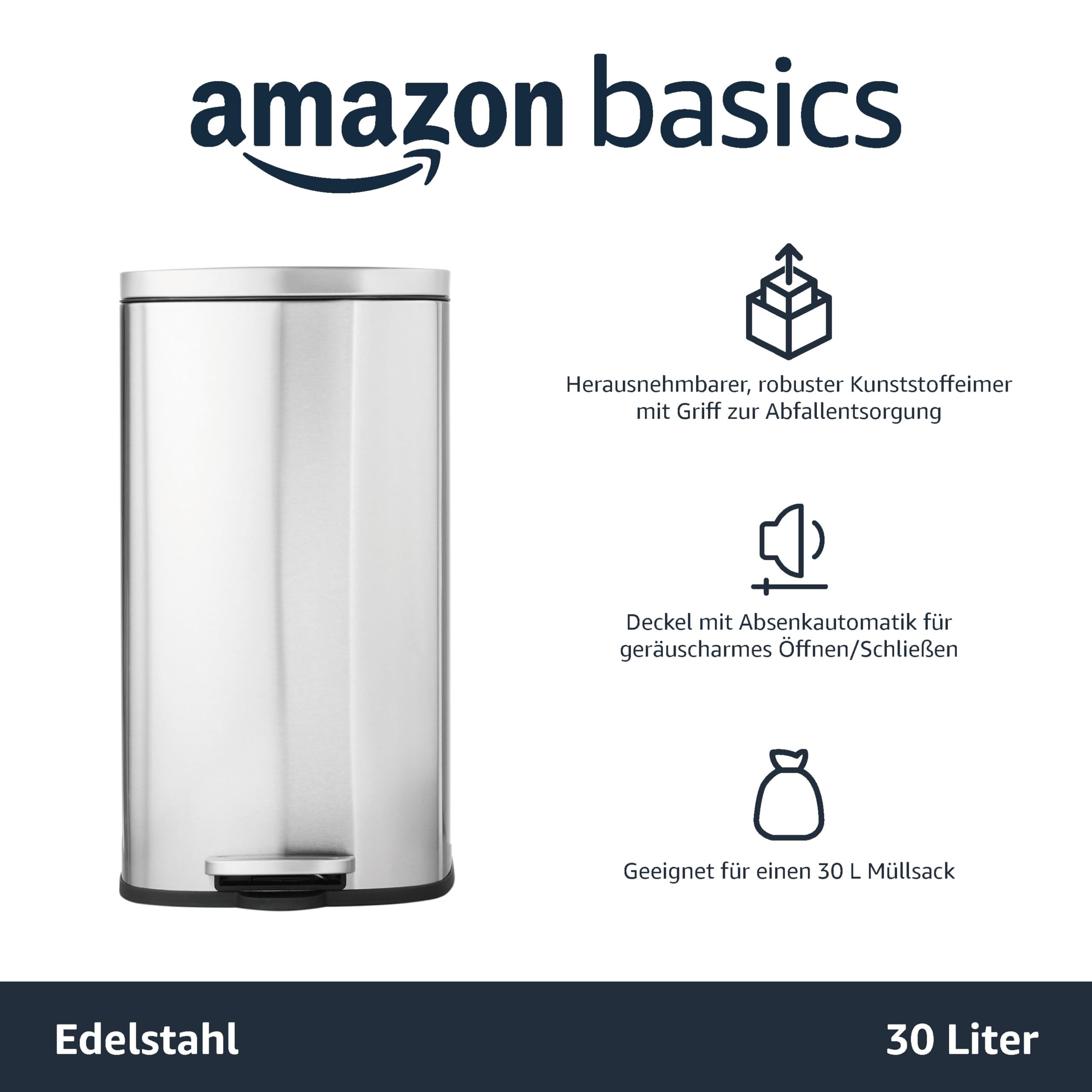 Amazon Basics 30 l Rechteckig Mülleimer für die Küche mit Stahlrohrpedal - 7.9 gallons Sanft Schließend mit Deckel, für Küche, Bad oder Büro, Satiniertes Nickel