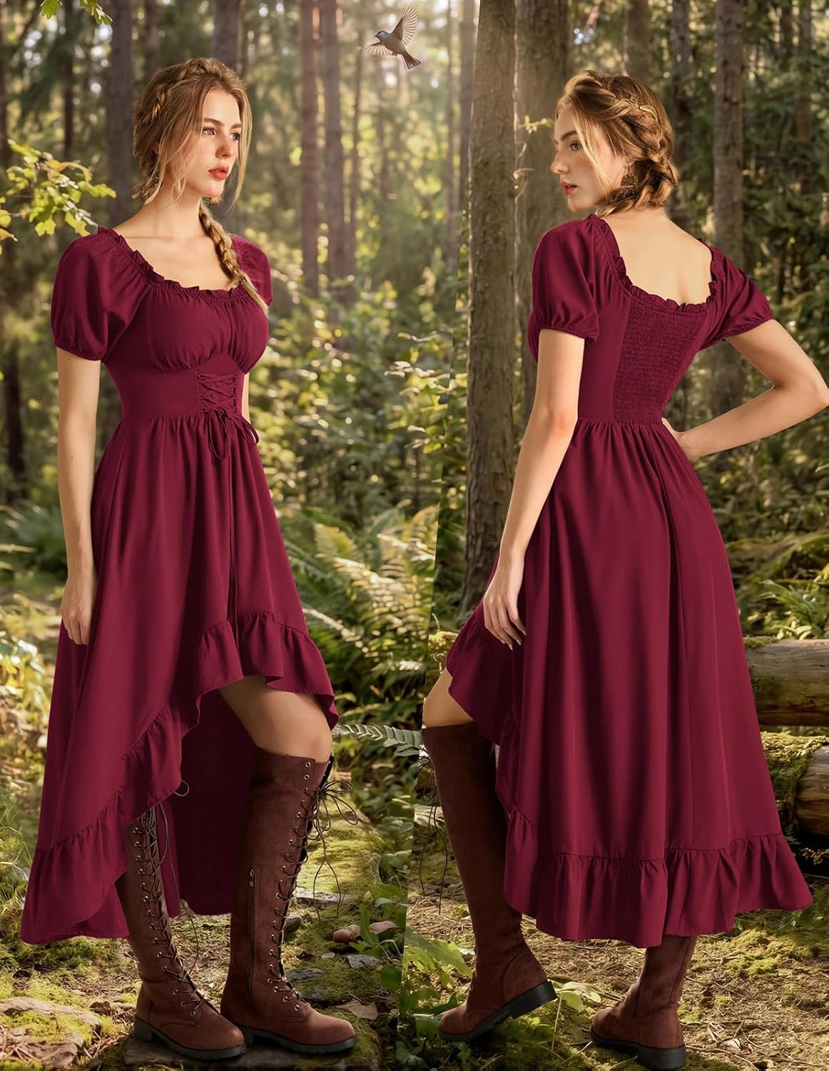 Scarlet Darkness Renaissance Costume Women High Low Summer Corset Dress | Ideal for Halloween, Ren Faire, Pirate Party. Pockets, Puff Short Sleeve, Lacing, Square Neck/Off Shoulder. For Adult Ladies