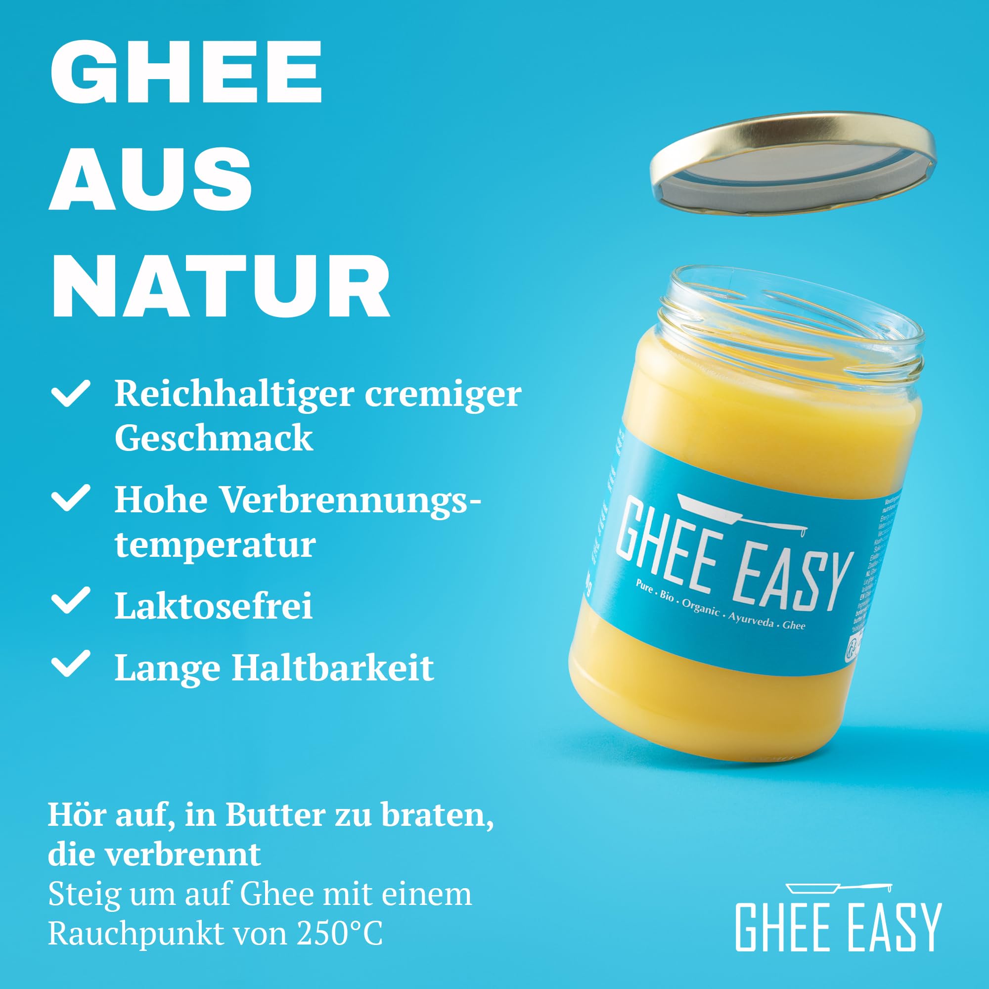 Ghee Easy 850g Ghee Bio von Grasgefütterten Kühen - Ghee Butter ohne Zusatzstoffe - Zertifiziert Organisch & Biologisch - Hochreines Ayurveda Ghee ohne Laktose und Gluten - 100% Europäisch