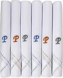 - Men's Initial Monogram (A-Z) Embroidery 100% Pure Cotton Handkerchief White Base With Colored Border - Pack Of 6