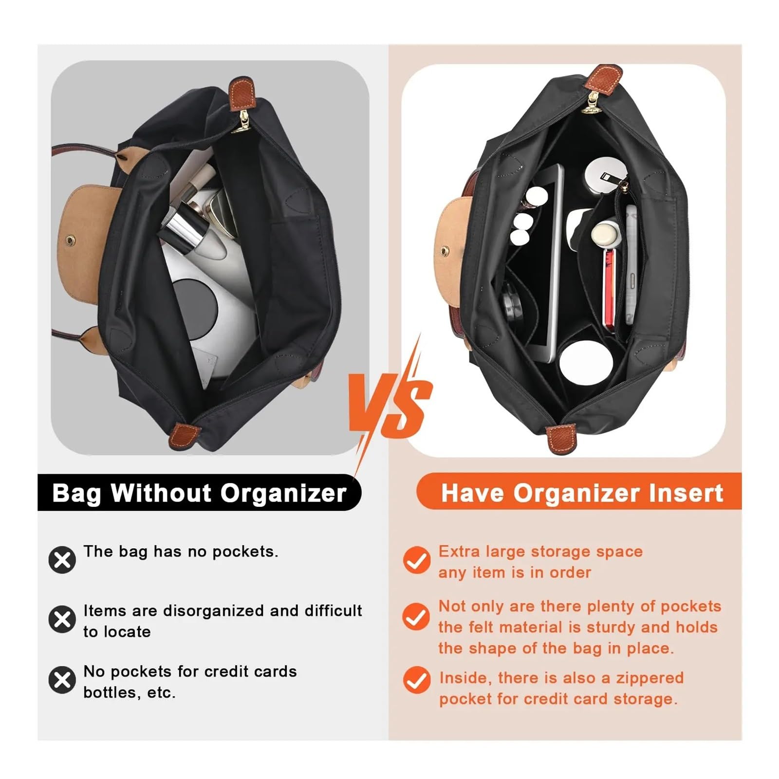 Organizador de bolso de fieltro Inserto organizador de bolso, bolsa fieltro for(Black,L)