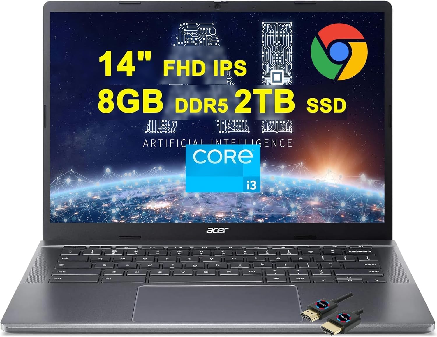 acer Chromebook Plus 514 Google AI Laptop | 14" FHD IPS Multi-Touch Display | Intel Octa-core i3-N305 | 8GB DDR5 2TB SSD | USB-C Free Google AI/2TB Loud Storage for 1-Year Grey + HDMI Cable