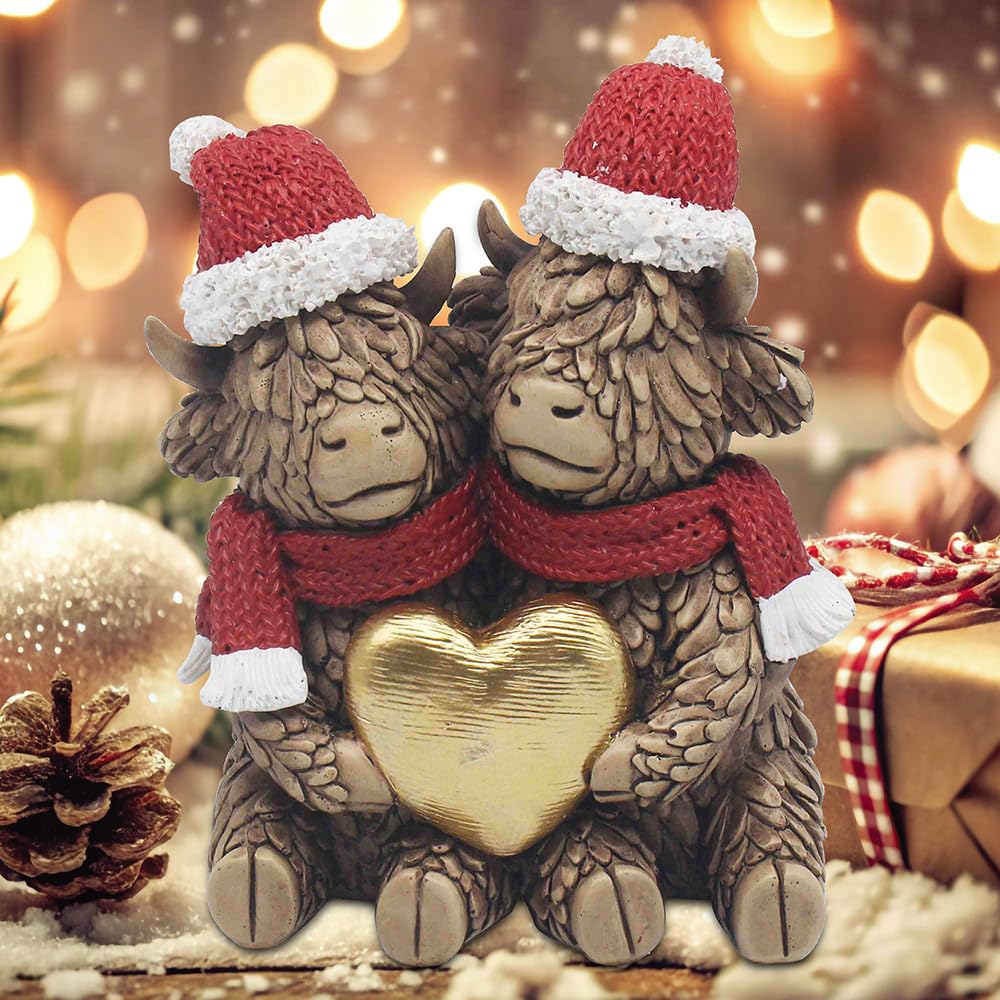 Christmas Highland Cow Ornament - Cows Holding Gold Heart