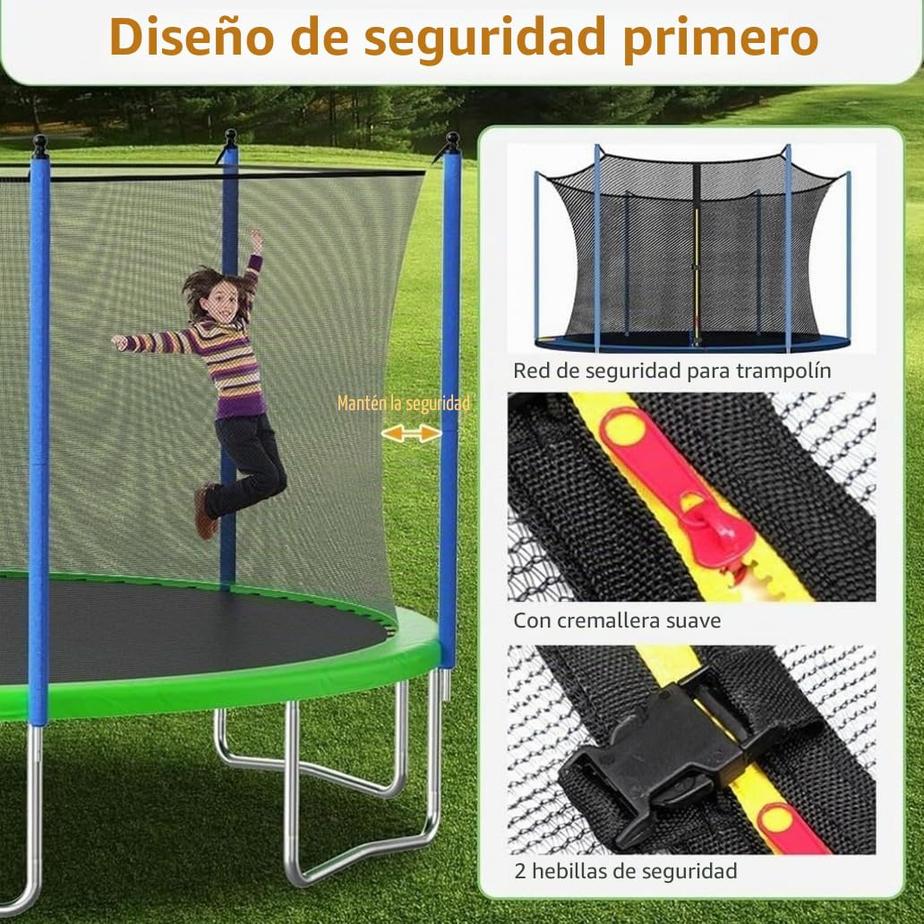 Red de Seguridad para Cama Elástica 6ft/8ft/10ft/12ft/14ft/16ft, Red para Cama Elástica con Doble Cremallera y Hebillas Protectoras